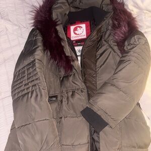 Canada Goose Women's Khaki Puffer with Maroon Trim